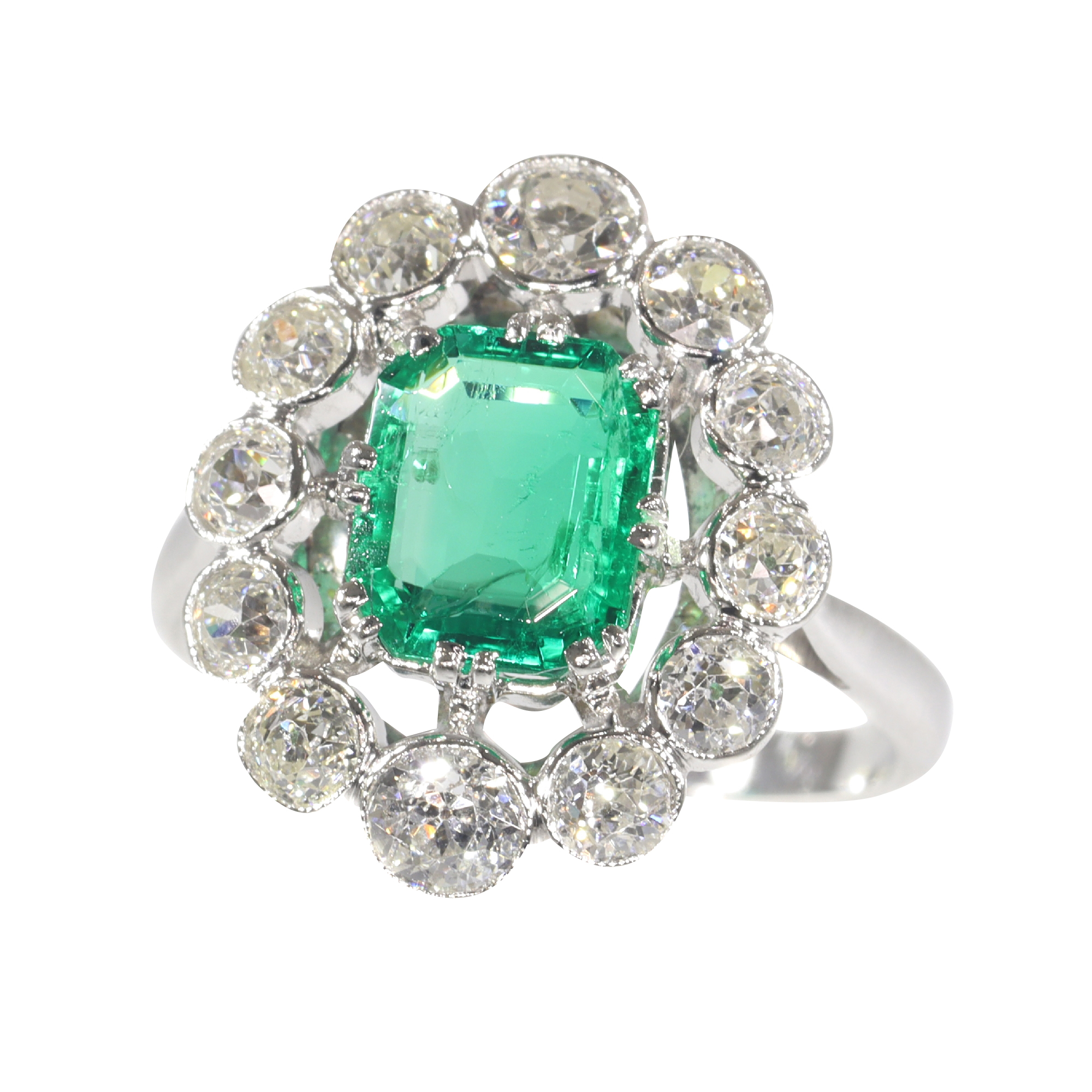 Genuine vintage Art Deco diamond and emerald engagement ring